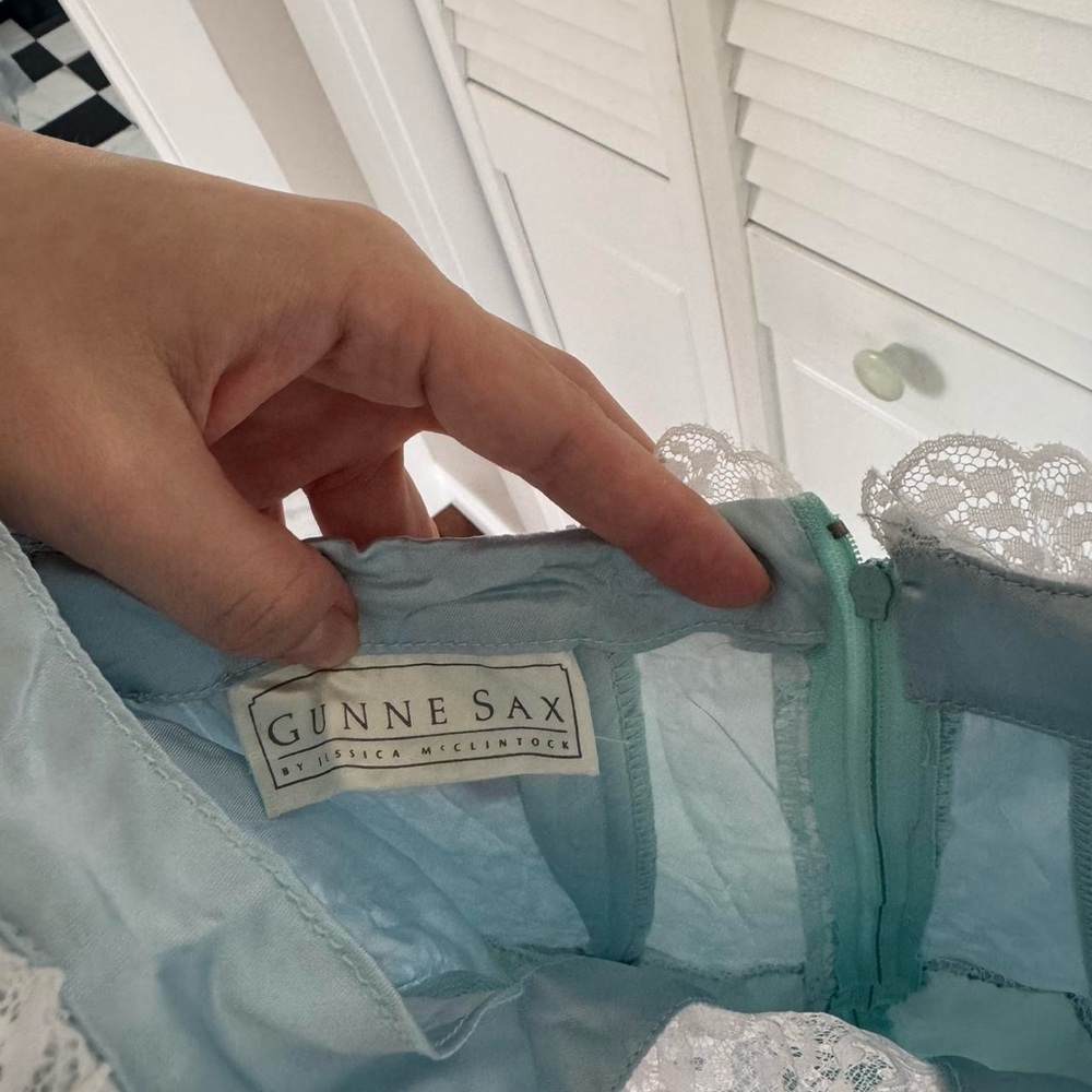 Gunne Sax Light Blue Lace Bodice Midi Dress with Pink Ribbon - Picture 5 of 5